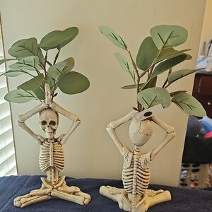 New Two 12" Ceramic Yoga Skeletons with Greenery  Halloween Decor Holiday